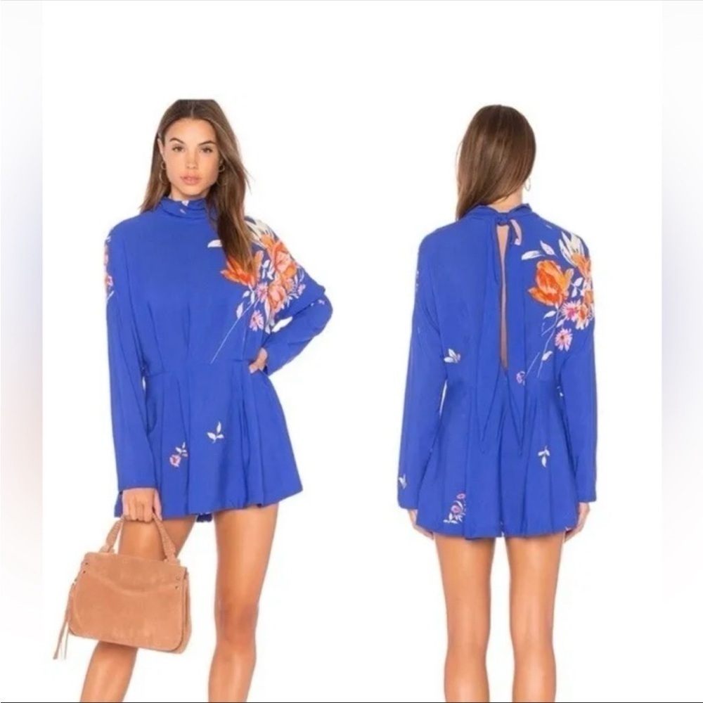 Free People Gemme Floral Blue Tunic Long Sleeve Mini Dress Size Small